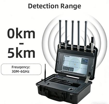 comprar Dispositivo móvil portátil de detección de drones con tecnología de suplantación de GPS, sistema anti-drones de 30 MHz-6 GHz, rango de detección de 5 km, equipo de detección y contramedidas de UAV integrados con pantalla táctil Fabricación en línea
